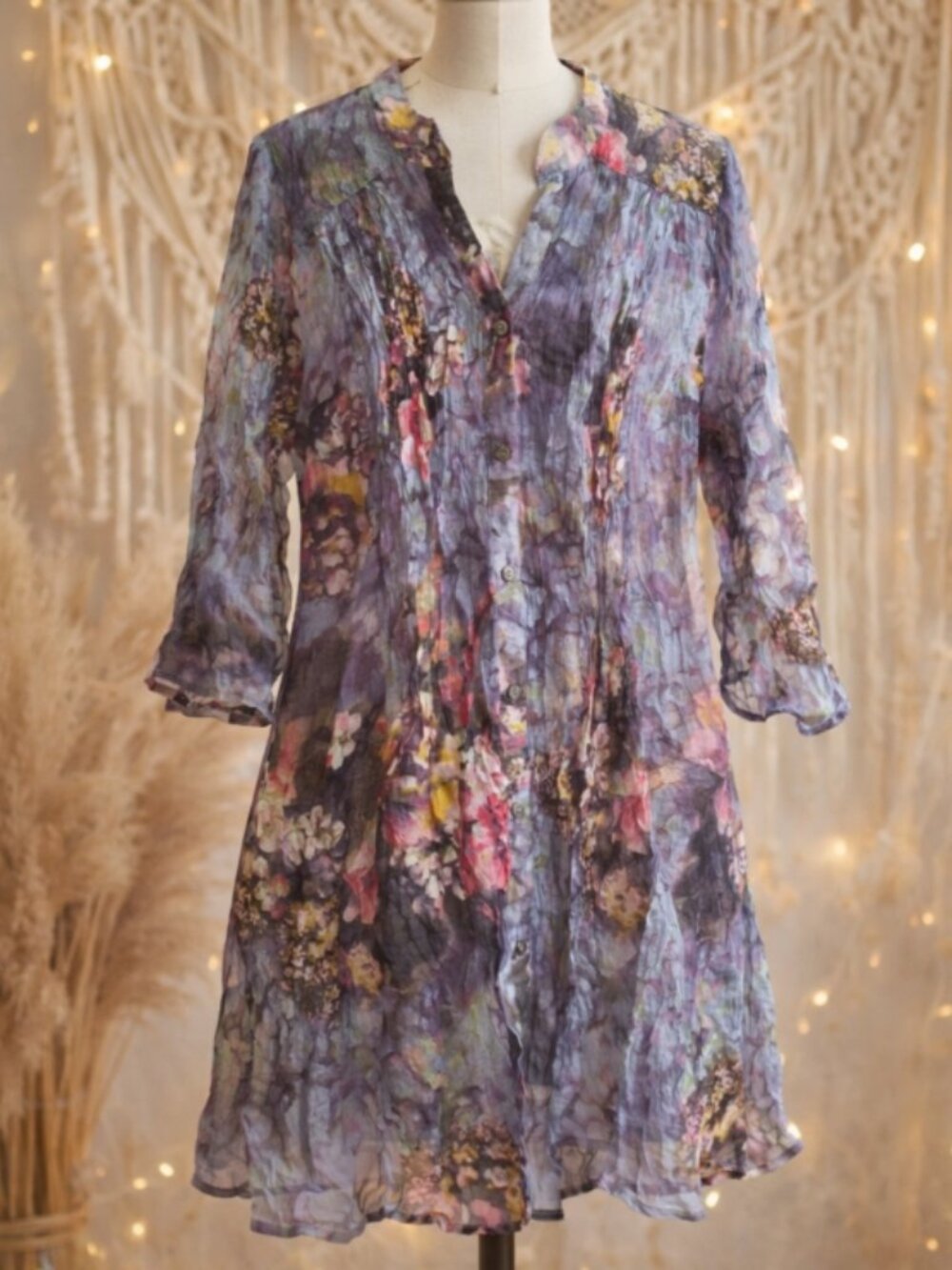 Serengeti Sheer Watercolor Floral Shirt Dress Tunic L Boho Artsy Cottagecore